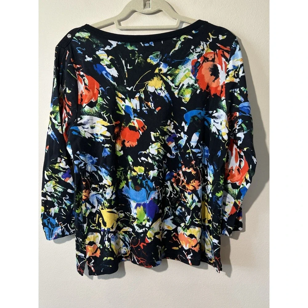 Rafaella Sweater Women XL Floral Studded 3/4‎ Sleeve Ribbed Pullover Black Fall